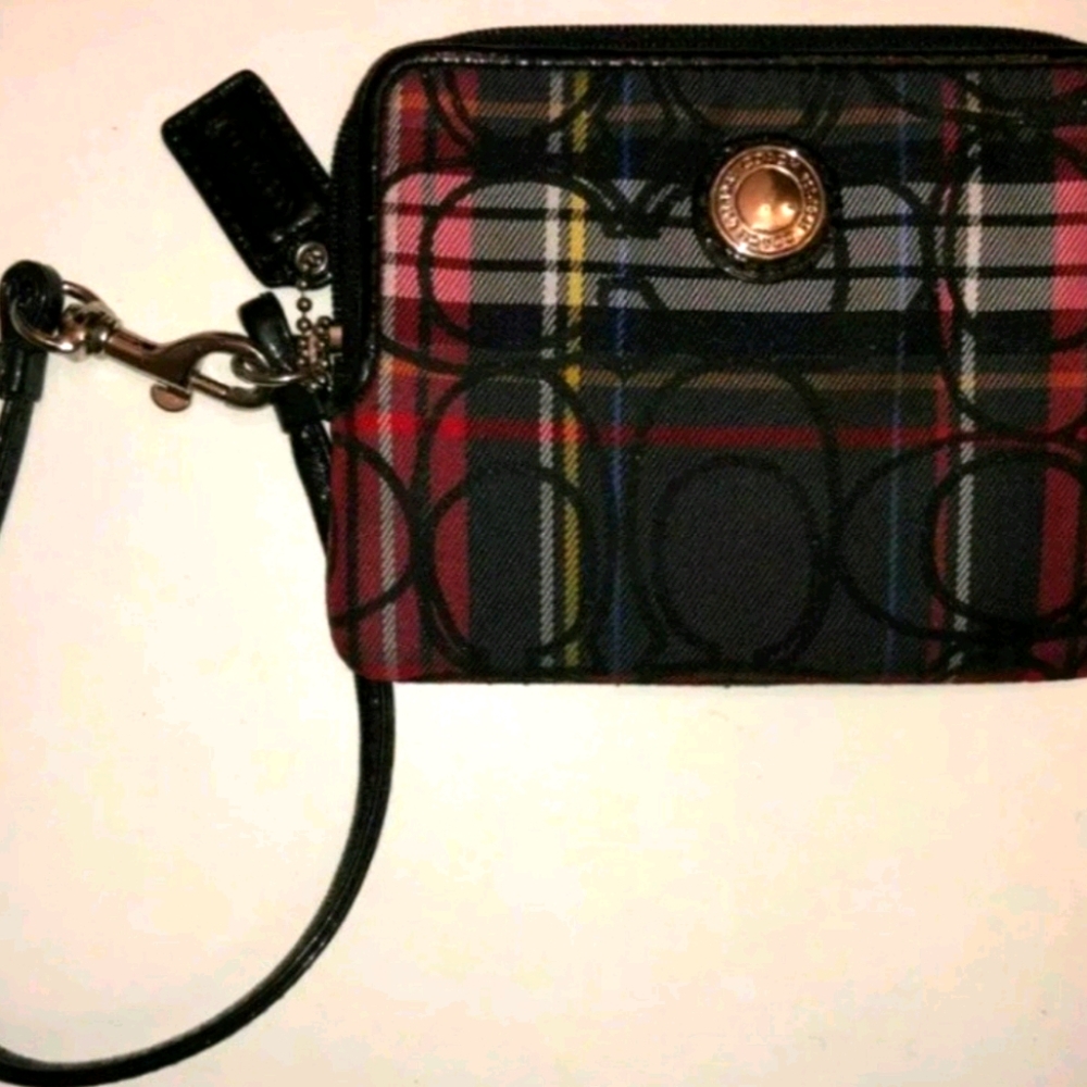 Coach Poppy Tartan Red & Black Wristlet